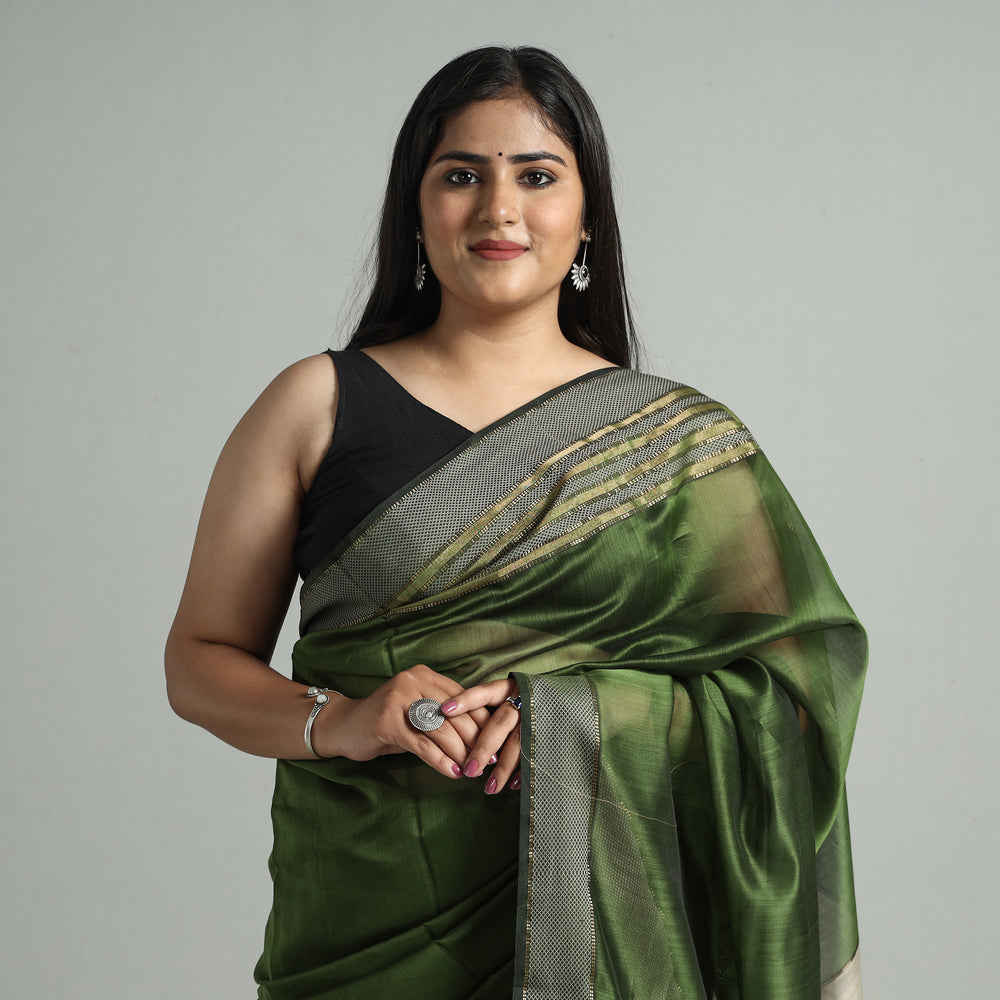 Green - Traditional Maheshwari Silk Handloom Saree with Thread & Zari Border 13