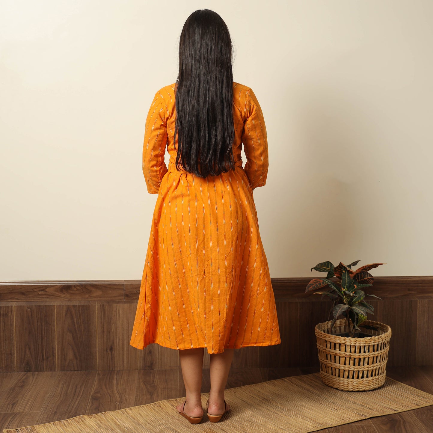 Orange - Pochampally Ikat Weave Cotton Dress with Belt 18