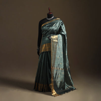 Green - Pure Handwoven Mangalagiri Silk Cotton Pattu Saree with Zari Border 10
