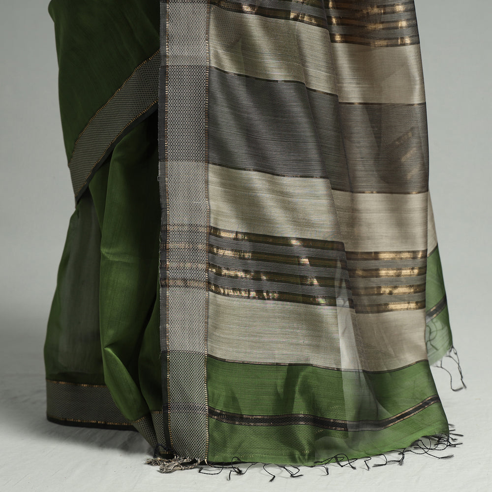 Green - Traditional Maheshwari Silk Handloom Saree with Thread & Zari Border 13