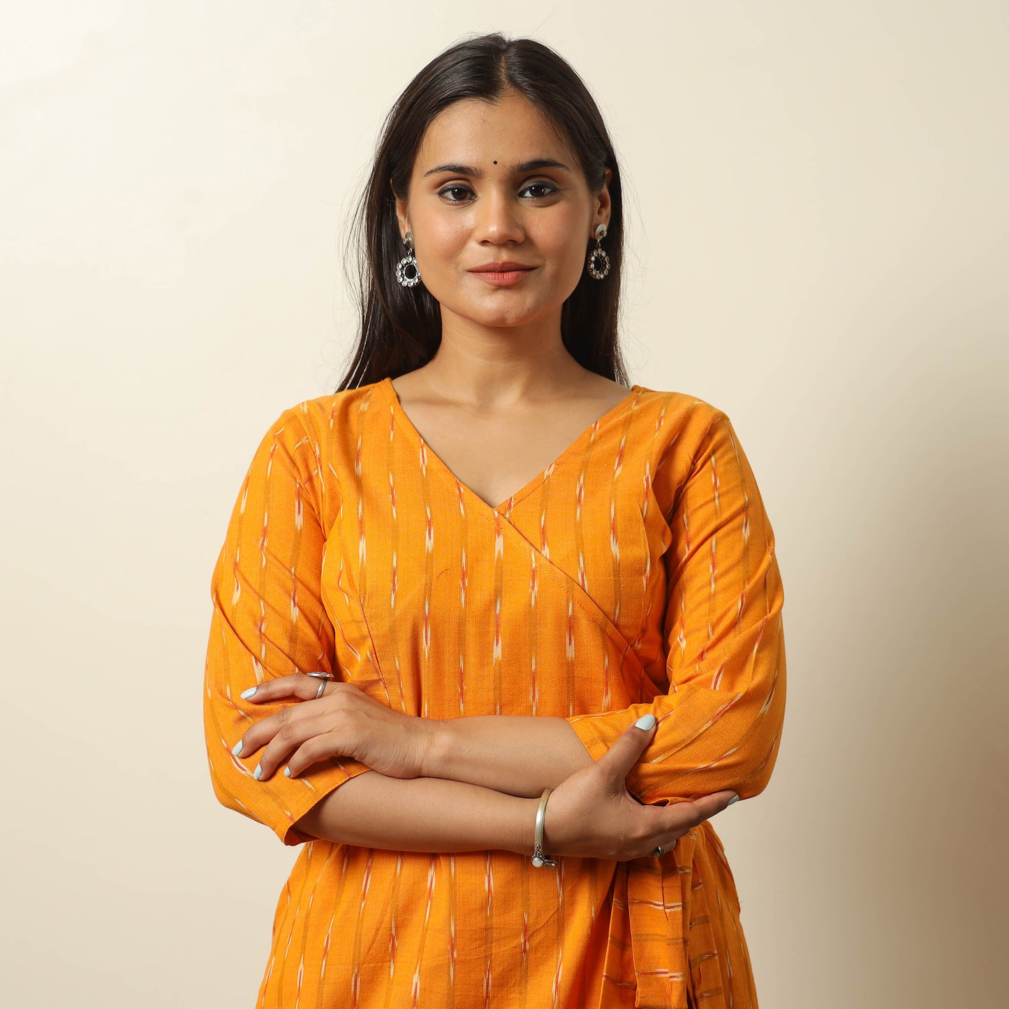 Orange - Pochampally Ikat Weave Cotton Dress with Belt 18