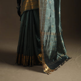 Green - Pure Handwoven Mangalagiri Silk Cotton Pattu Saree with Zari Border 10