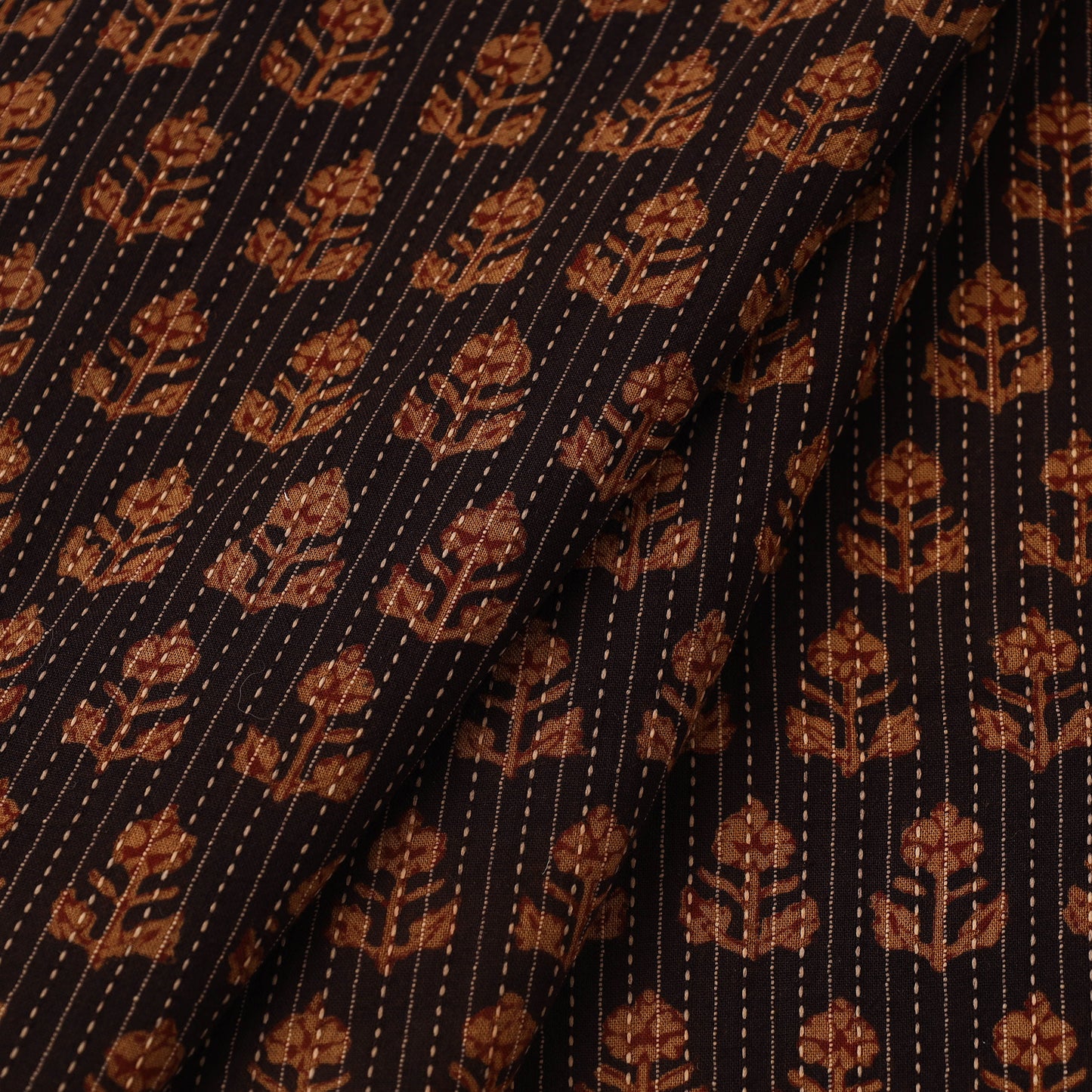 Brown Bagh Block Print Kantha Work Natural Dyed Cotton Fabric