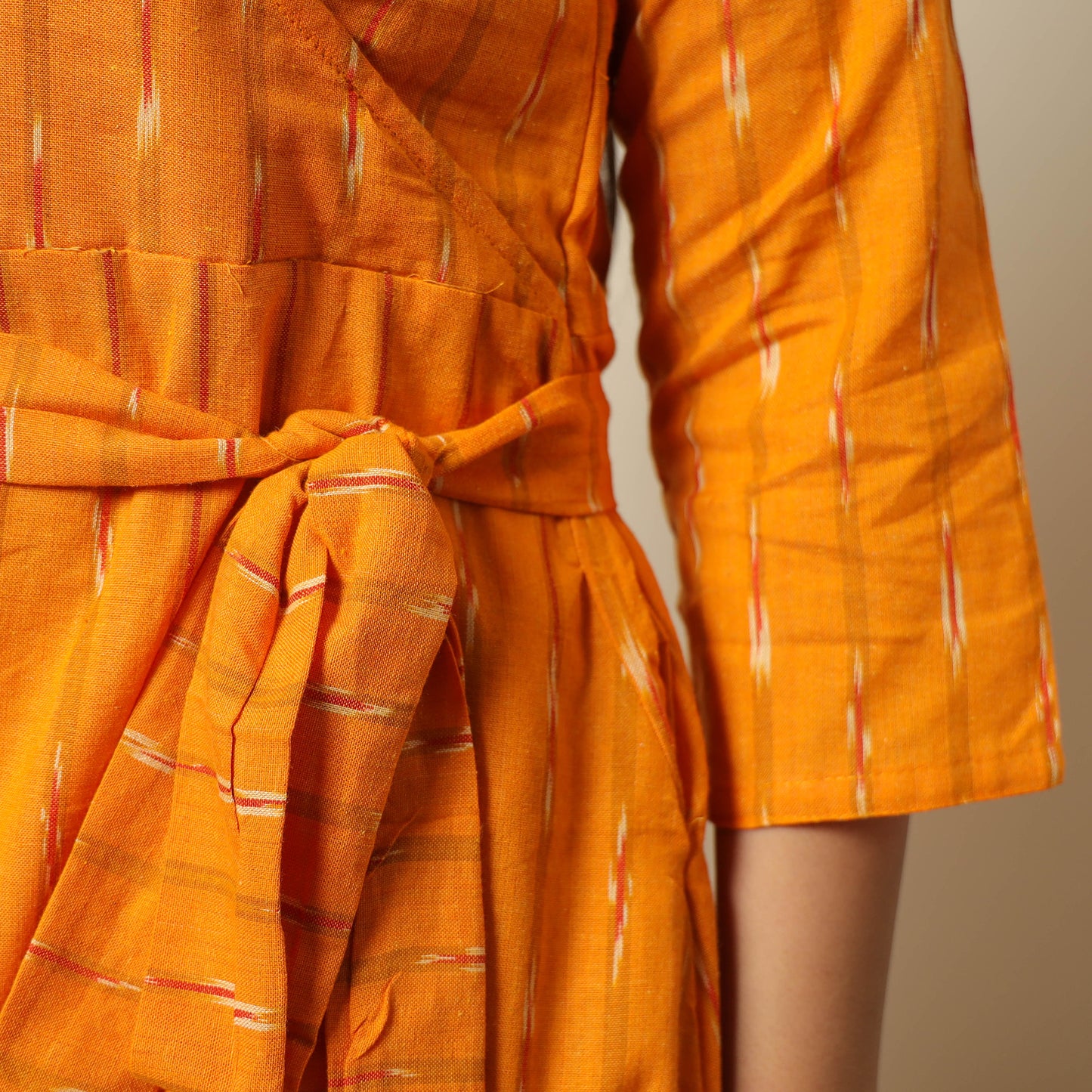 Orange - Pochampally Ikat Weave Cotton Dress with Belt 18