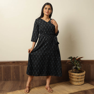 Black - Pochampally Ikat Weave Cotton Dress with Belt 19