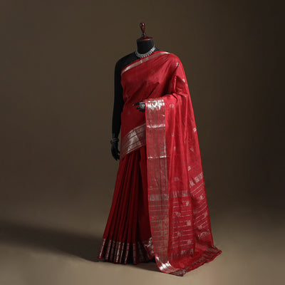 Red - Pure Handwoven Mangalagiri Silk Cotton Pattu Saree with Zari Border 11