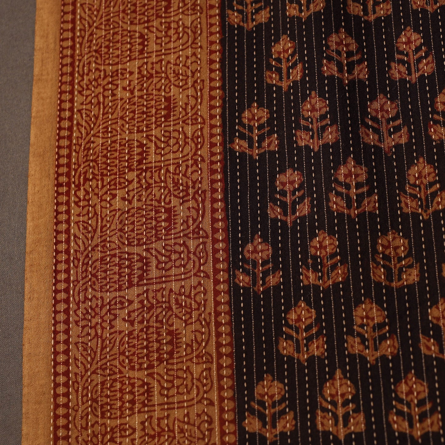 Brown Bagh Block Print Kantha Work Natural Dyed Cotton Fabric