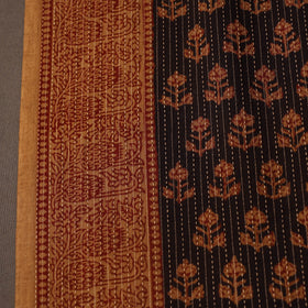 Brown Bagh Block Print Kantha Work Natural Dyed Cotton Fabric