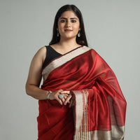 Red - Traditional Maheshwari Silk Handloom Saree with Thread & Zari Border 14