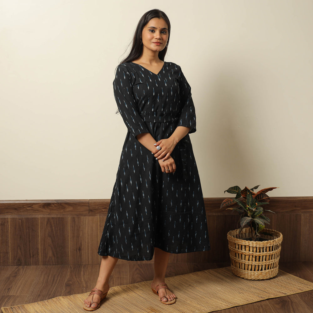 Black - Pochampally Ikat Weave Cotton Dress with Belt 19