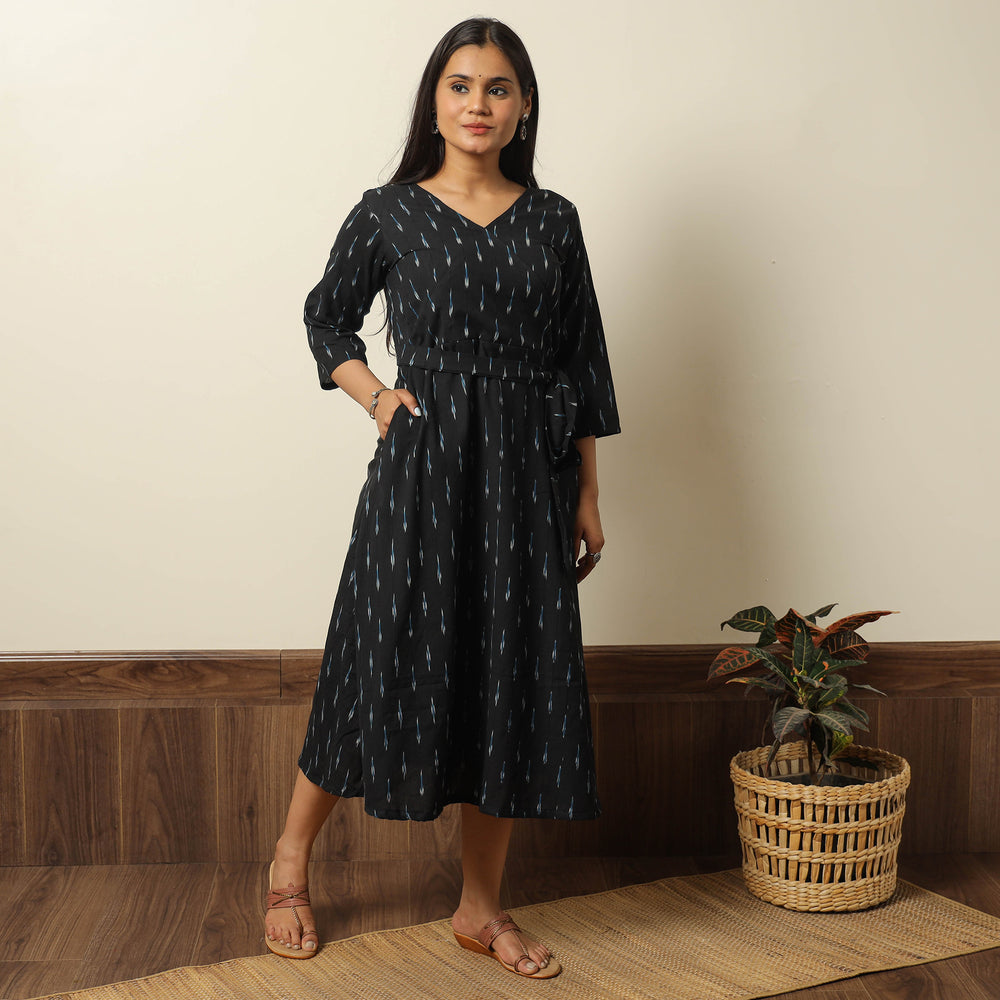 Black - Pochampally Ikat Weave Cotton Dress with Belt 19