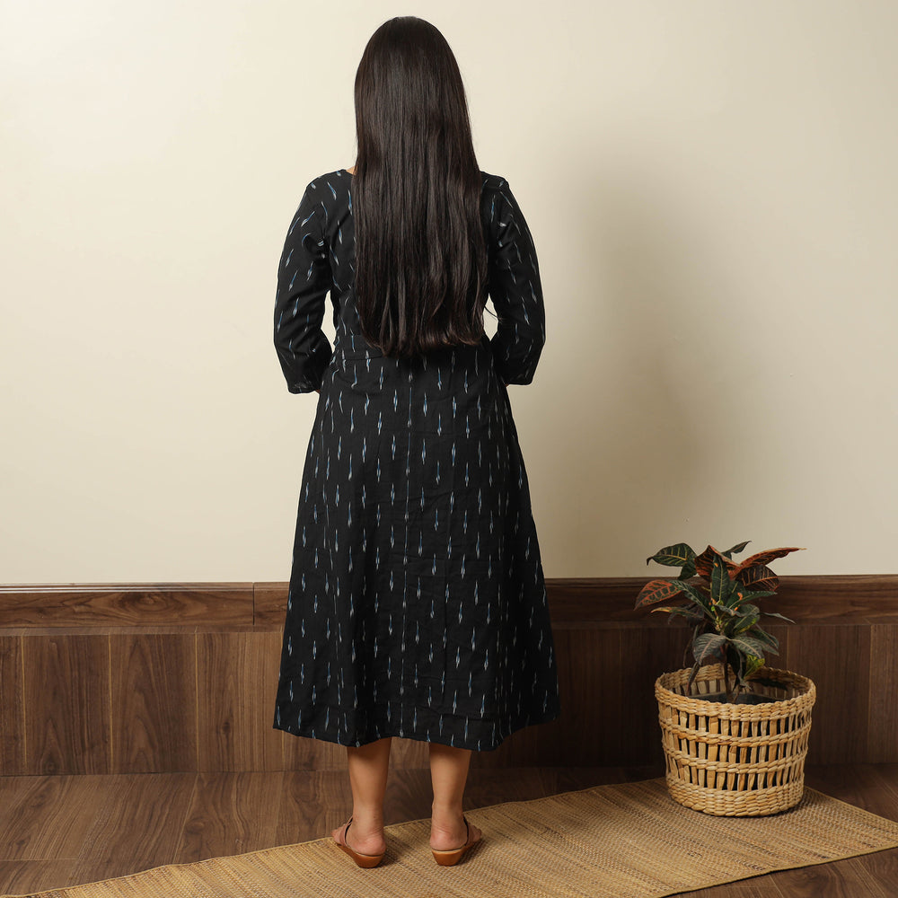 Black - Pochampally Ikat Weave Cotton Dress with Belt 19