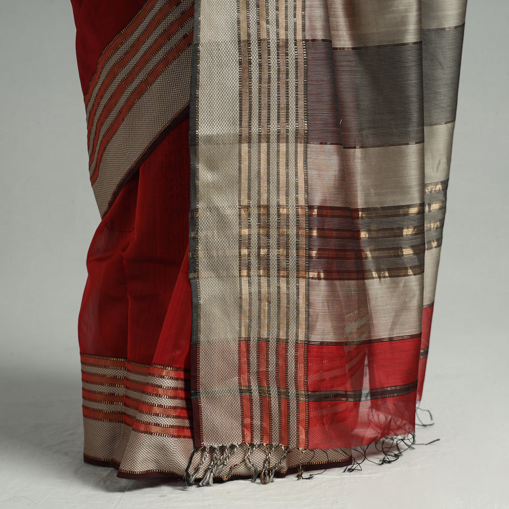 Red - Traditional Maheshwari Silk Handloom Saree with Thread & Zari Border 14