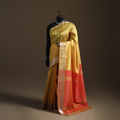 Yellow - Pure Handwoven Mangalagiri Silk Cotton Pattu Saree with Zari Border 12