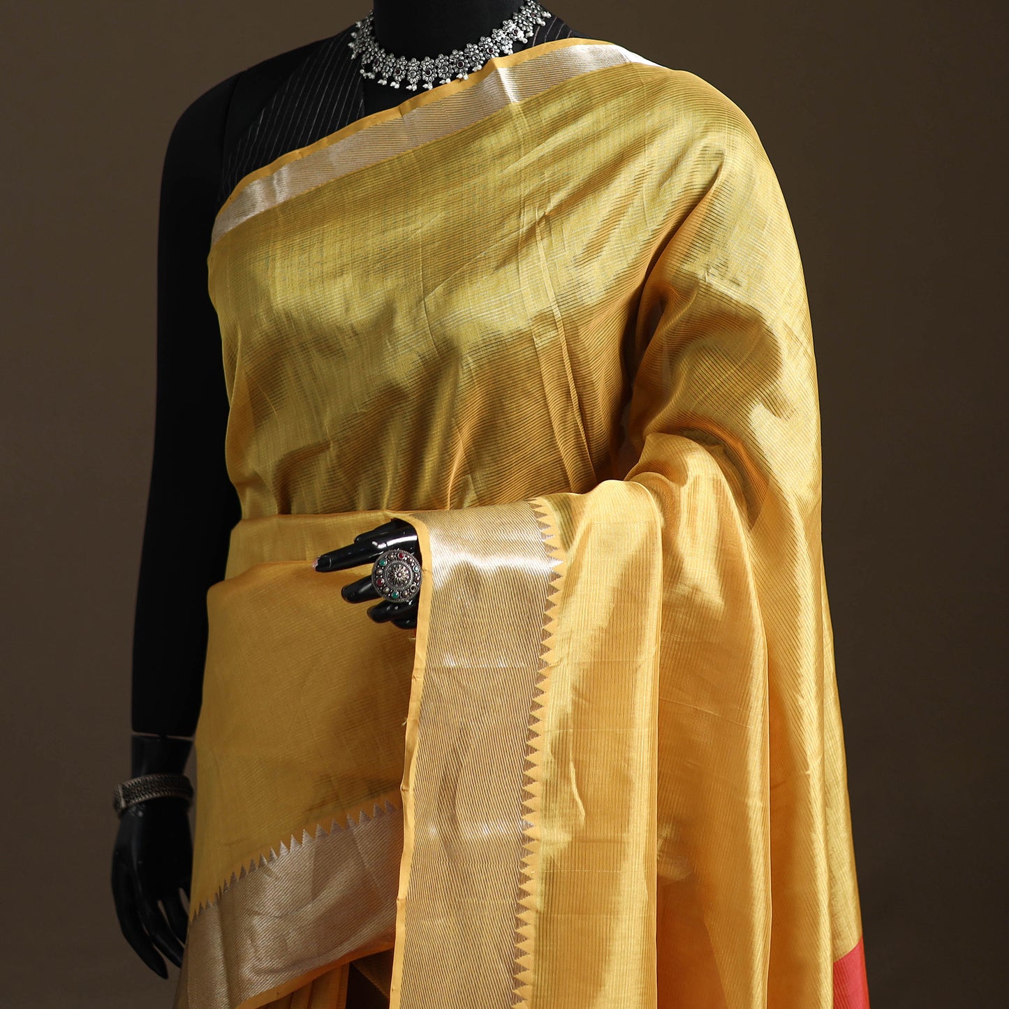 Yellow - Pure Handwoven Mangalagiri Silk Cotton Pattu Saree with Zari Border 12