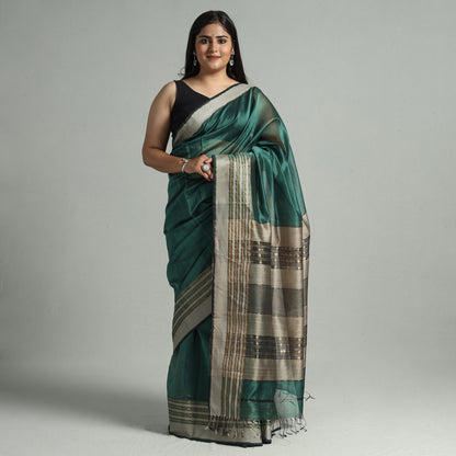 Green - Traditional Maheshwari Silk Cotton Handloom Saree with Thread Border 16