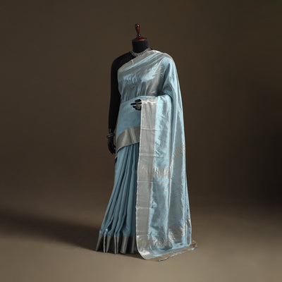 Blue - Pure Handwoven Mangalagiri Silk Cotton Pattu Saree with Zari Border 13