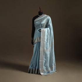 Blue - Pure Handwoven Mangalagiri Silk Cotton Pattu Saree with Zari Border 13