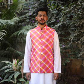Multicolor Leheriya Tie & Dye Chanderi Silk Handloom Nehru Jacket