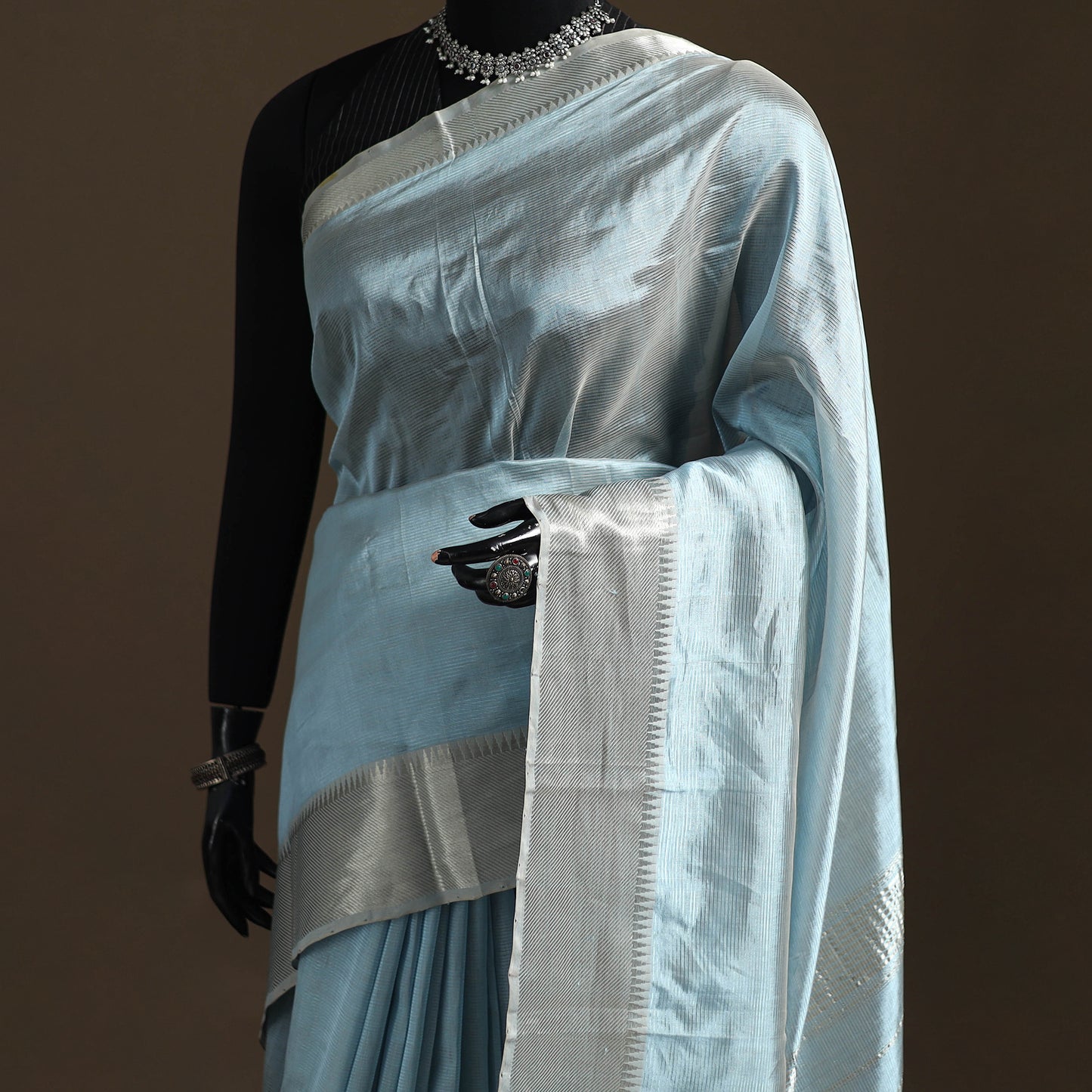 Blue - Pure Handwoven Mangalagiri Silk Cotton Pattu Saree with Zari Border 13