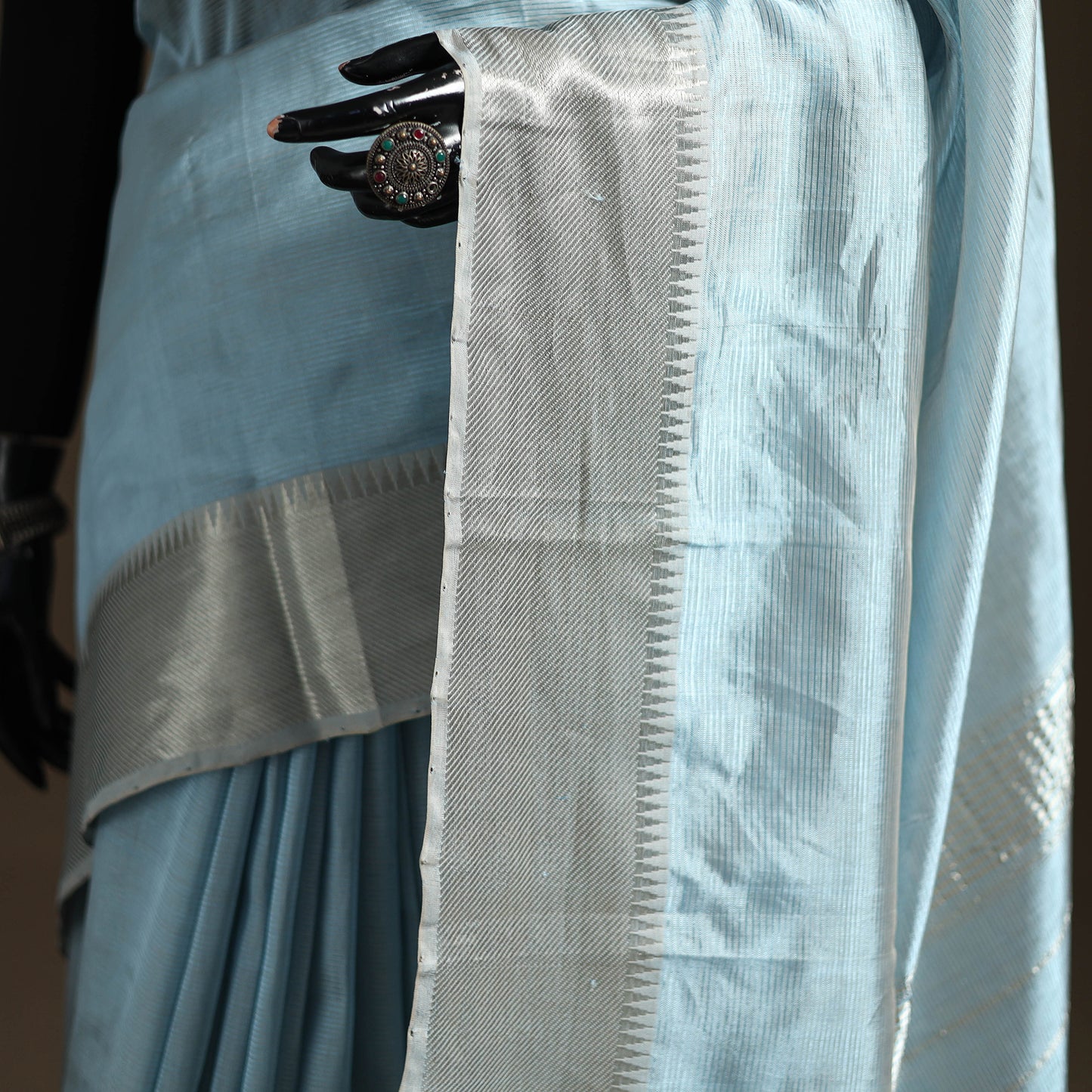 Blue - Pure Handwoven Mangalagiri Silk Cotton Pattu Saree with Zari Border 13