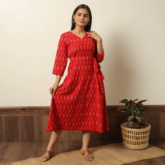 Red - Pochampally Ikat Weave Cotton Dress with Belt 21