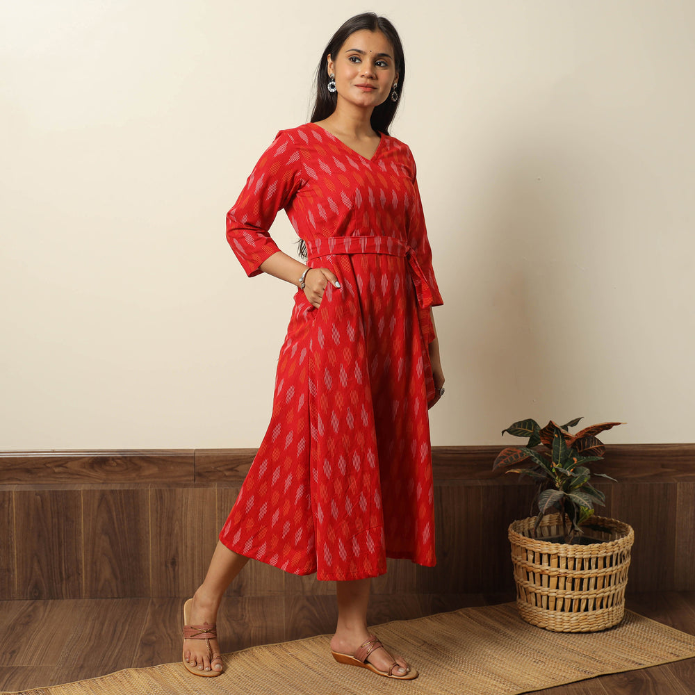 Red - Pochampally Ikat Weave Cotton Dress with Belt 21