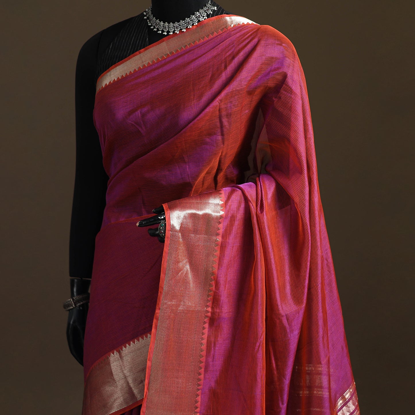 Pink - Pure Handwoven Mangalagiri Silk Cotton Pattu Saree with Zari Border 14