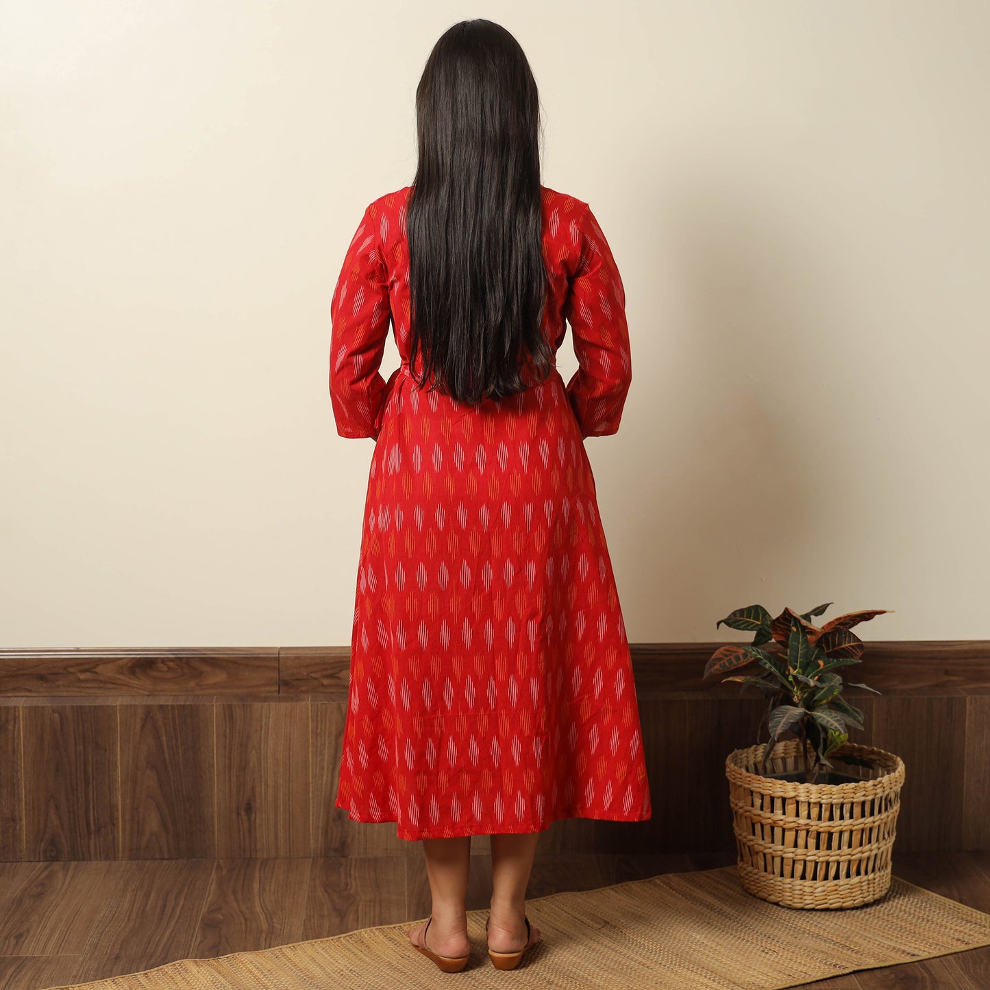 Red - Pochampally Ikat Weave Cotton Dress with Belt 21