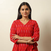 Red - Pochampally Ikat Weave Cotton Dress with Belt 21