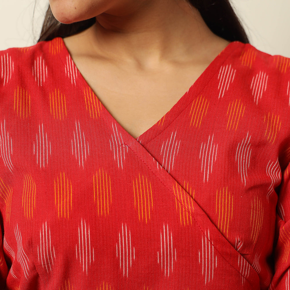 Red - Pochampally Ikat Weave Cotton Dress with Belt 21