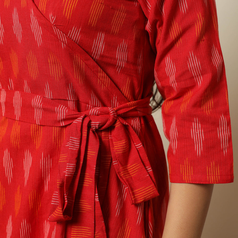 Red - Pochampally Ikat Weave Cotton Dress with Belt 21