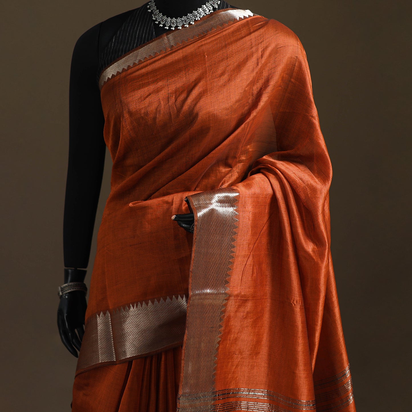 Orange - Pure Handwoven Mangalagiri Silk Cotton Pattu Saree with Zari Border 16