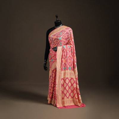 Kutch Bandhani Fine Georgette Banarasi Neem Zari Jaal Saree 04