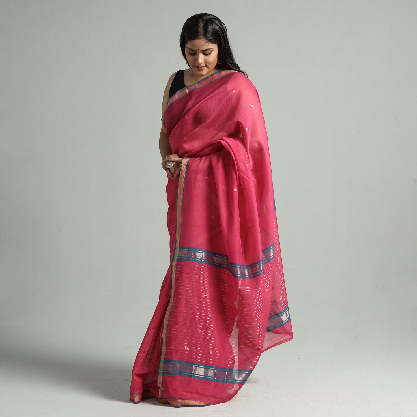 Pink - Traditional Chanderi Silk Buti Handloom Zari Work Saree 18