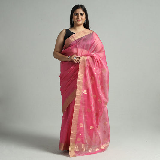 Pink - Traditional Chanderi Silk Buta Handloom Zari Work Saree 19