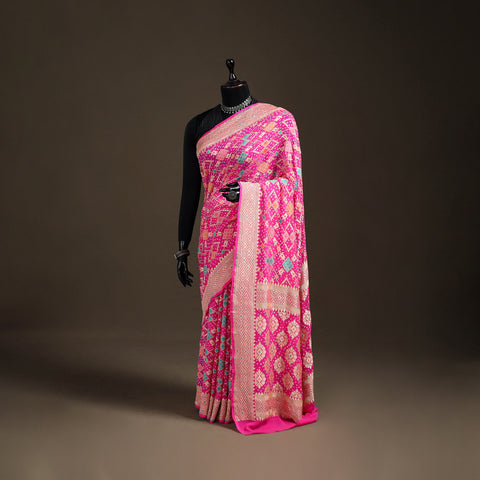 Kutch Bandhani Fine Georgette Banarasi Neem Zari Jaal Saree 06