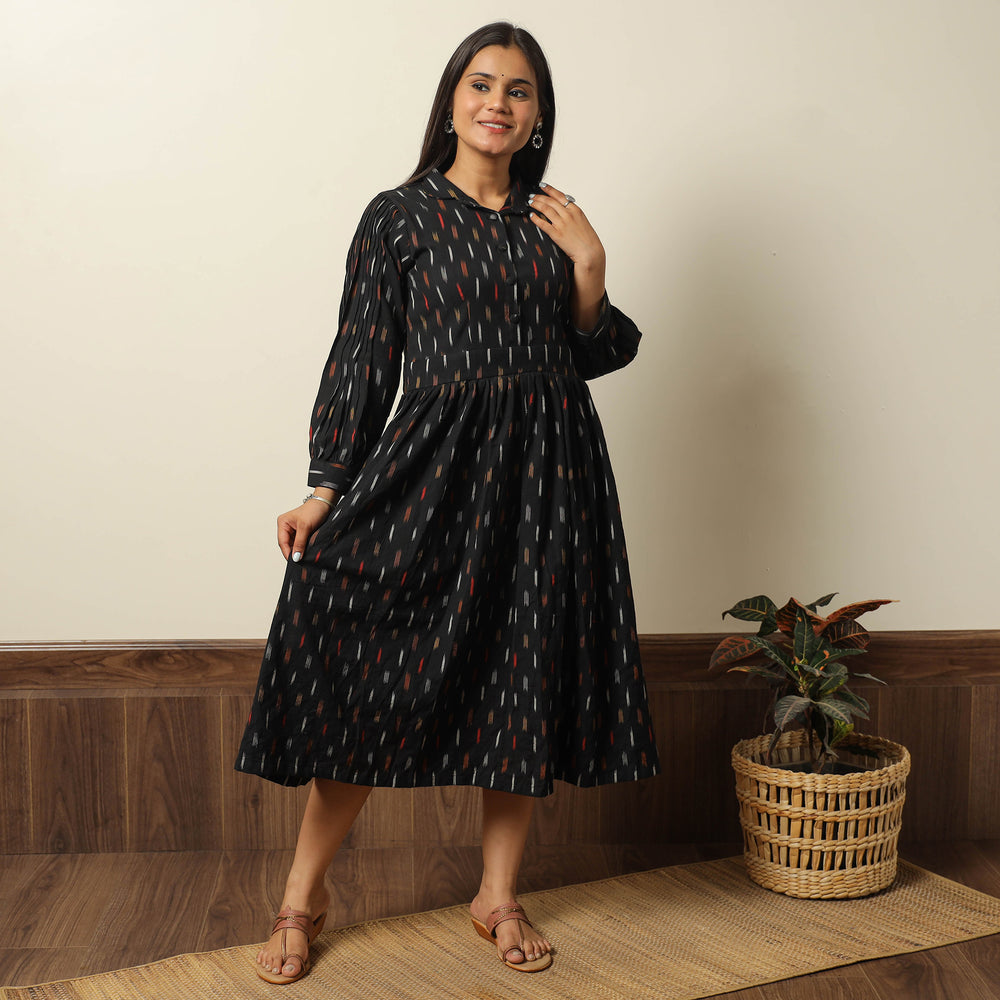 Black - Pochampally Ikat Weave Cotton Flared Dress 11