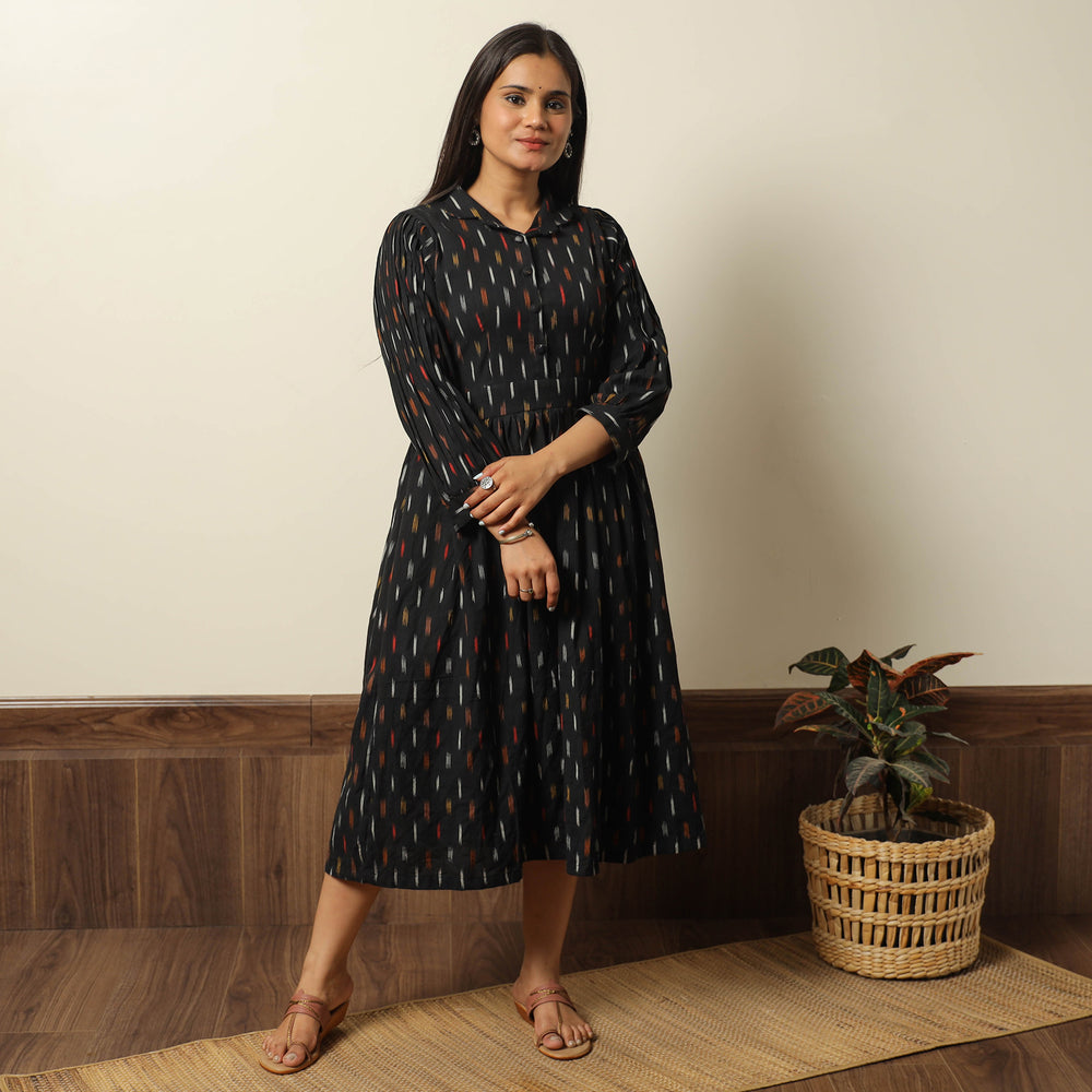 Black - Pochampally Ikat Weave Cotton Flared Dress 11