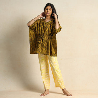 Yellow - Hand Block Printed Kaftan & Pyjama Night Suit Set