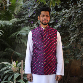 Leheriya Tie & Dye Chanderi Silk Handloom Purple Nehru Jacket