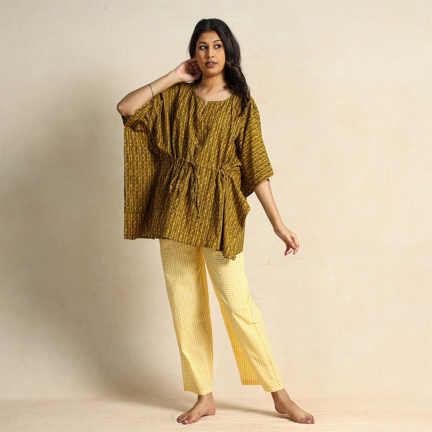 Yellow - Hand Block Printed Kaftan & Pyjama Night Suit Set