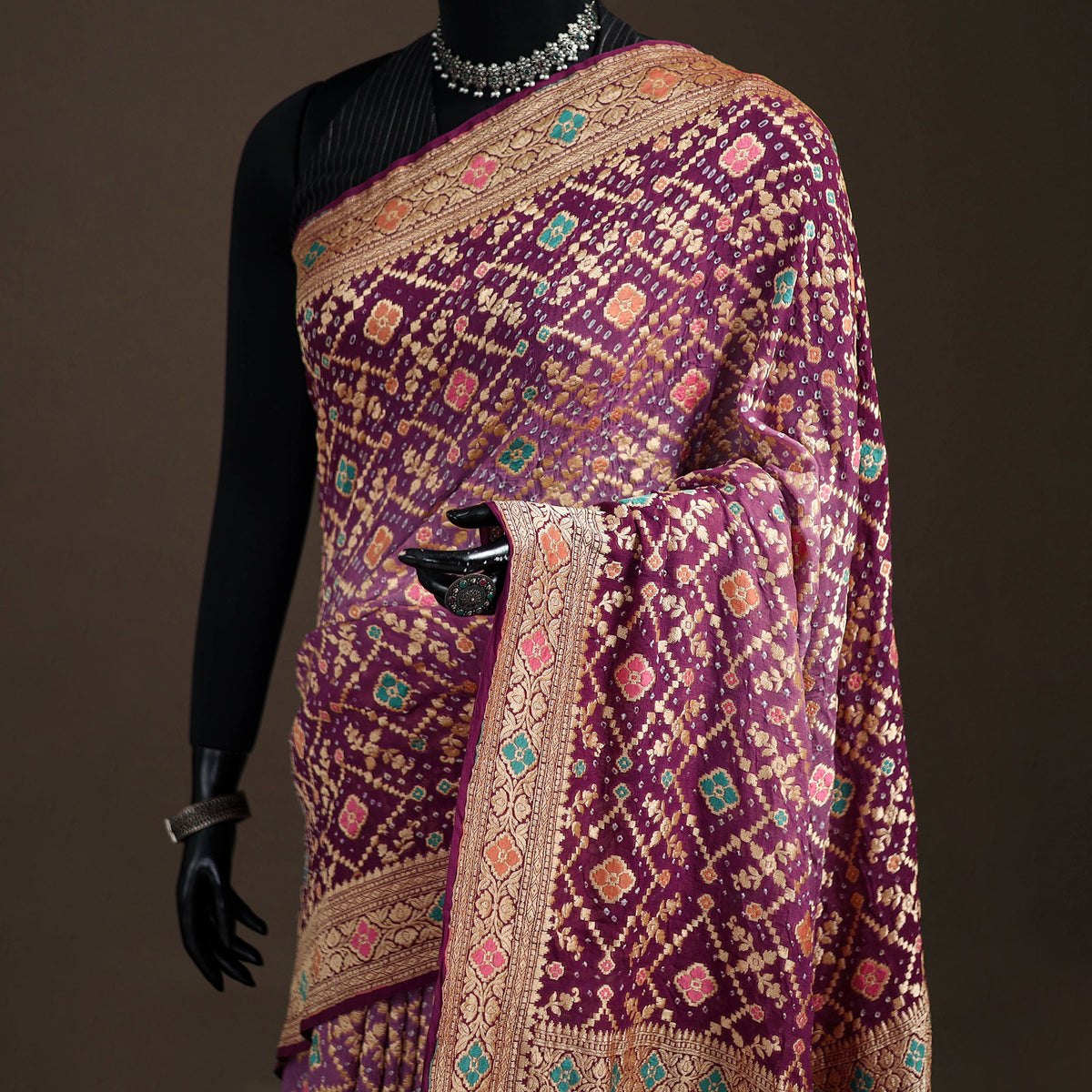 Kutch Bandhani Fine Georgette Banarasi Neem Zari Jaal Saree 07