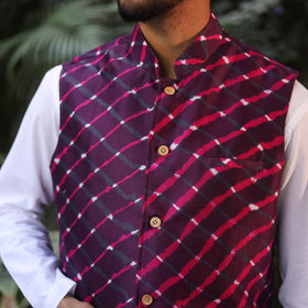 Leheriya Tie & Dye Chanderi Silk Handloom Purple Nehru Jacket