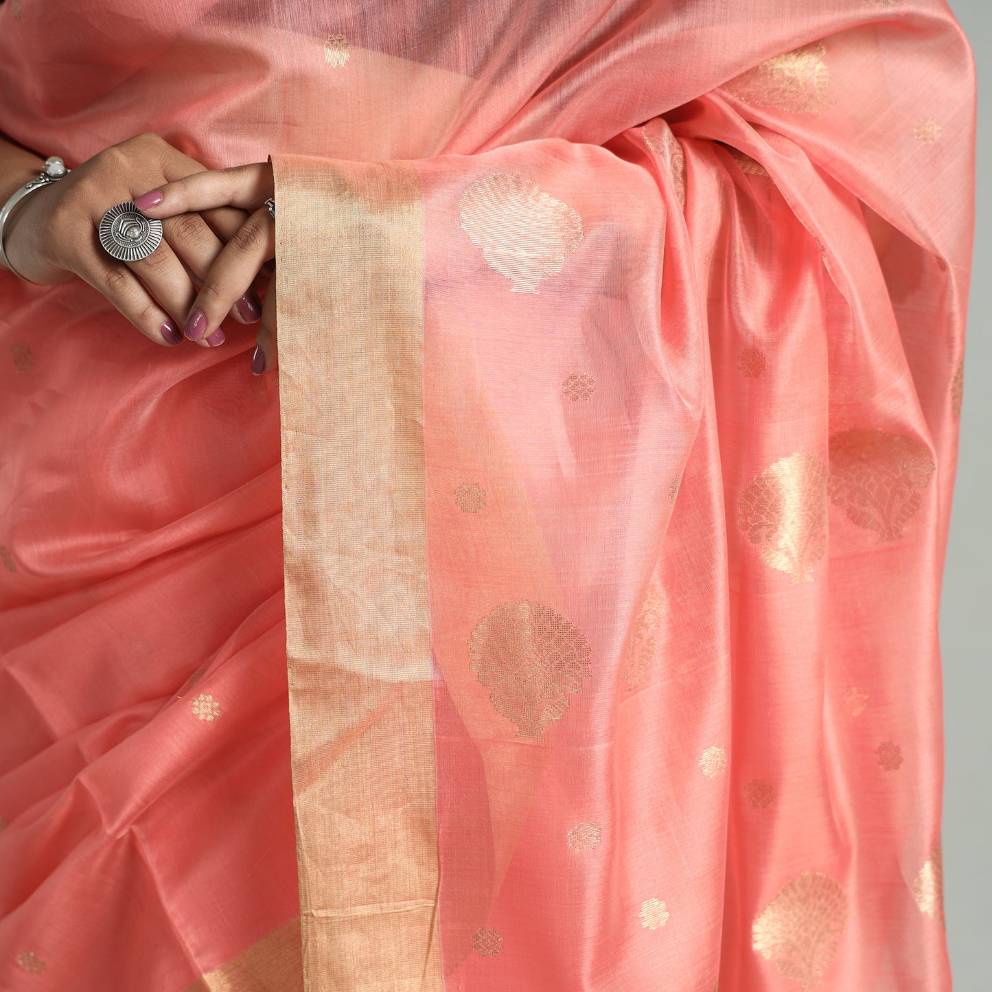 Peach - Traditional Chanderi Silk Buta Handloom Zari Work Saree 20
