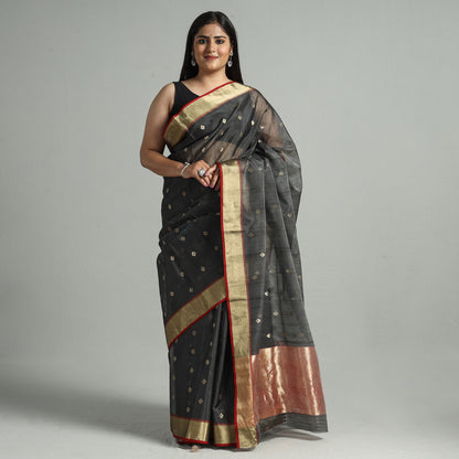 Black - Traditional Chanderi Silk Buta Handloom Zari Work Saree 21