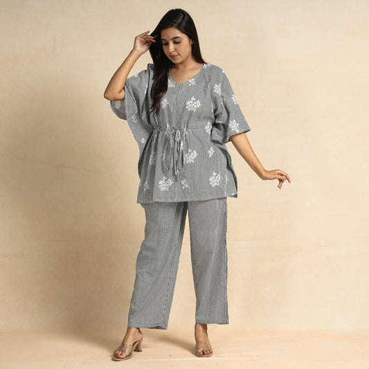 White - Hand Block Printed Cotton Kaftan & Pyjama Night Suit Set