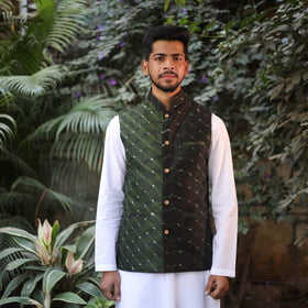 Dark Green - Leheriya Tie & Dye Chanderi Silk Handloom Nehru Jacket 01
