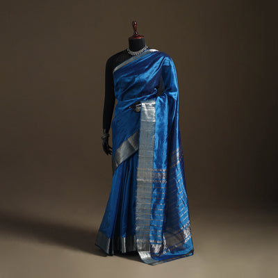Blue - Pure Handwoven Mangalagiri Silk Cotton Pattu Saree with Zari Border 20