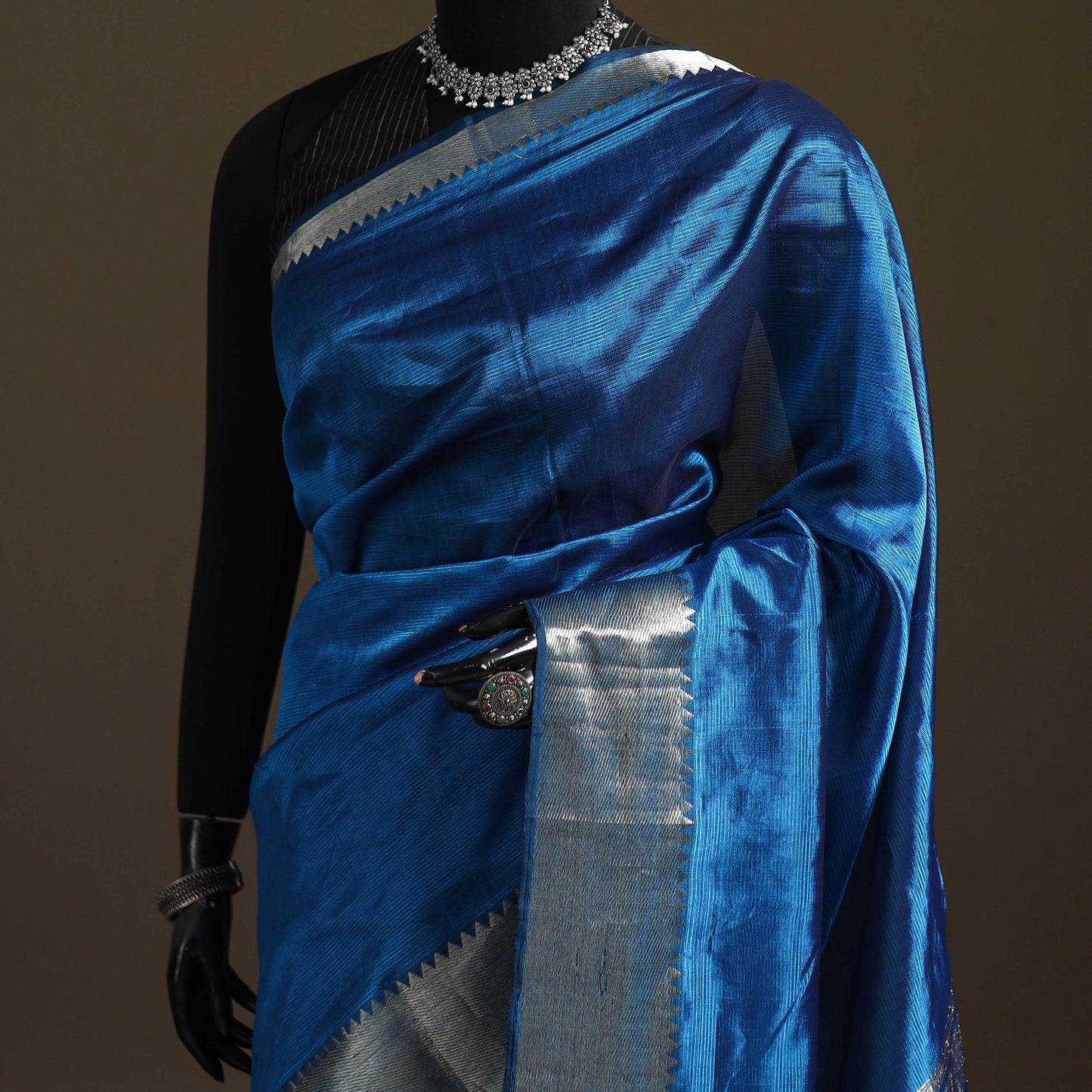 Blue - Pure Handwoven Mangalagiri Silk Cotton Pattu Saree with Zari Border 20